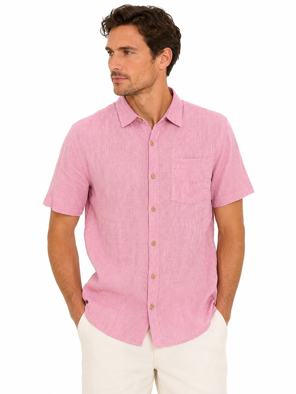 Pete Huntington Linen Blwnd Casual Short-Sleeve Button-Down Shirt  Pink M